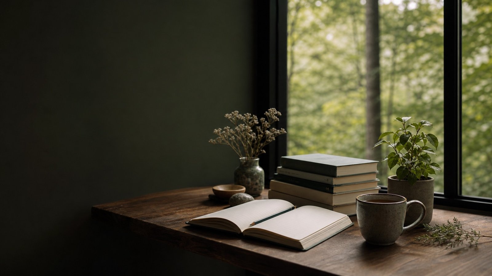 A quiet notebook, books, tea, and forest view as a symbol of reflective mental well-being